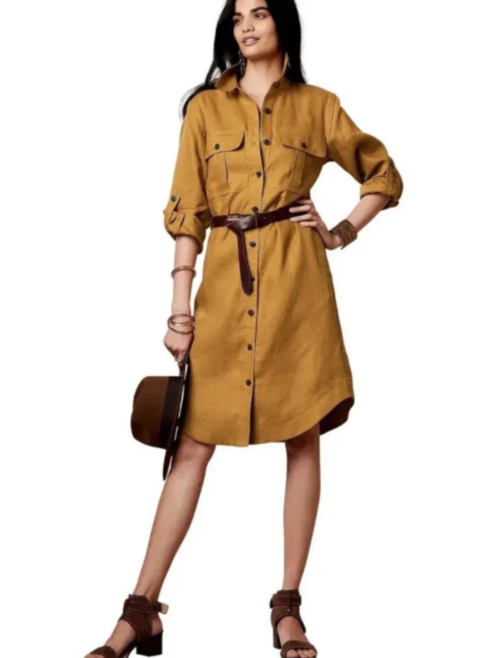 Banana Republic Mustard Button-Front Linen Safari Shirt Dress